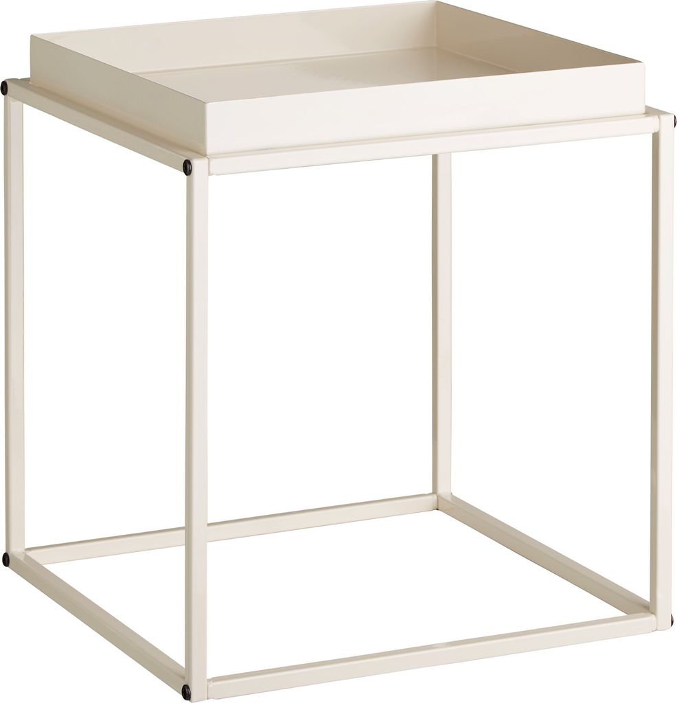 A white side table with a tray top is shown against a white background.