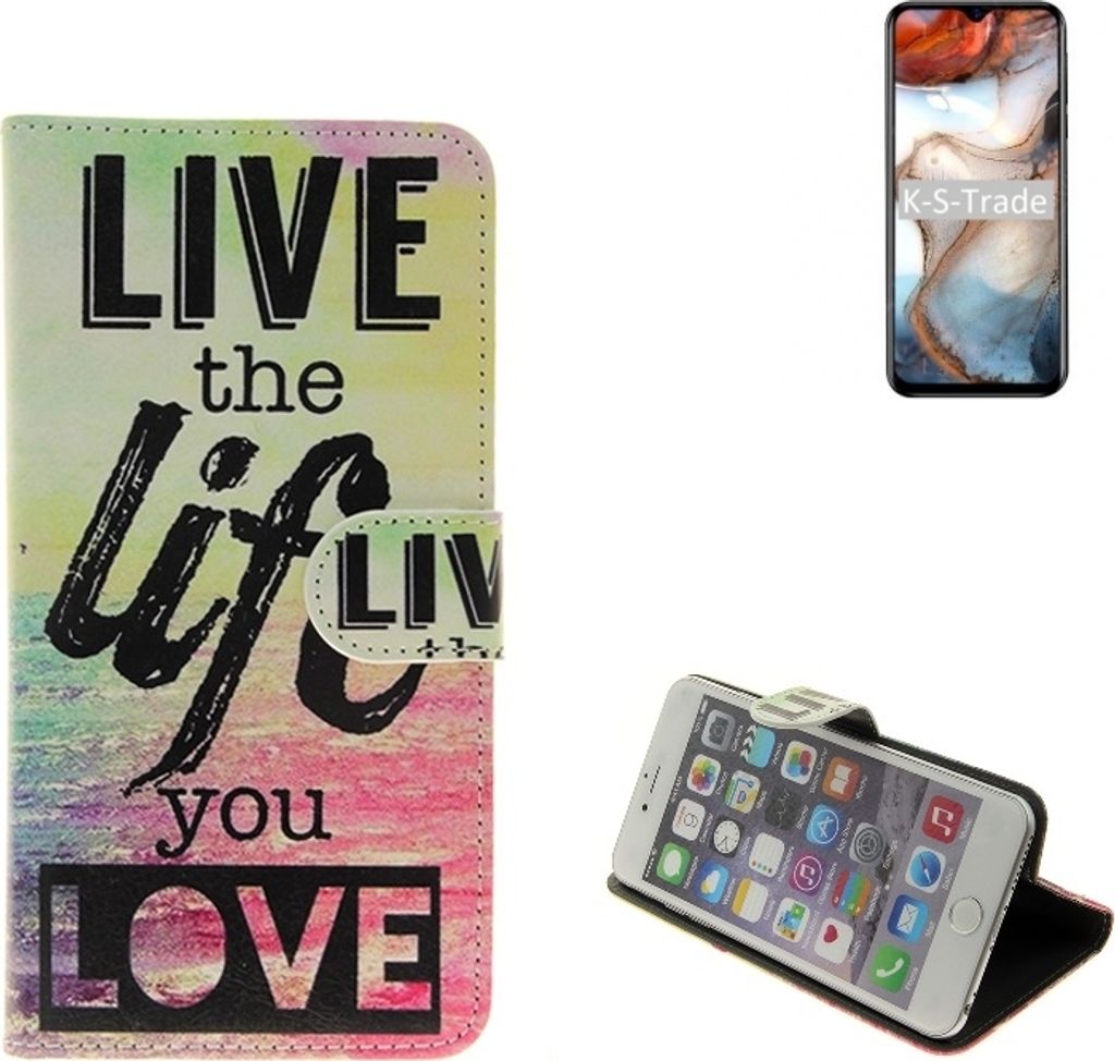 K-S-Trade Schutzhülle Handyhülle kompatibel mit Blackview A60 Plus 360° Wallet Case ''live life love'' Klapphülle Tasche Etui Smartphone Flip