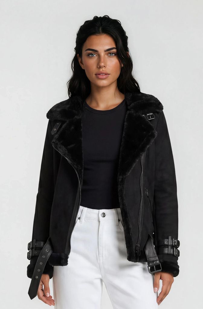 Aloy Damen Echtleder Bikerjacke Schwarz S