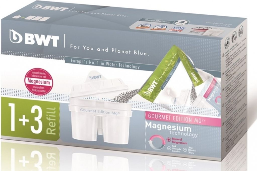 A product box for BWT water filter cartridges, showing the packaging and the filters inside.