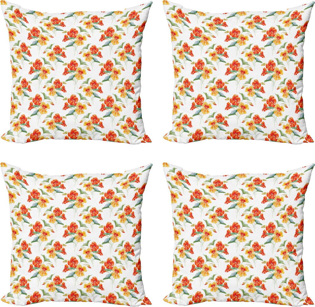 ABAKUHAUS Grüne und orange Kissenbezug Set (4 Stück), Kapuzinerkresseblüten, Moderner Doppelseitiger Digitaldruck, 40 cm x 40 cm, Mehrfarbig