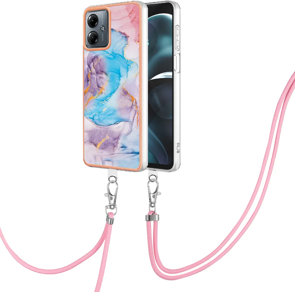 Custodia con cinturino per Motorola Moto G14, custodia in TPU a fantasia con cinturino regolabile blu