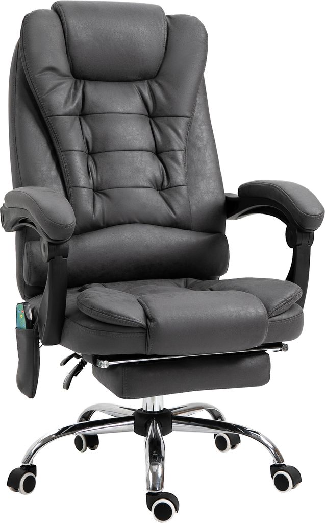 A black ergonomic office chair with a footrest and massage function is shown against a white background.