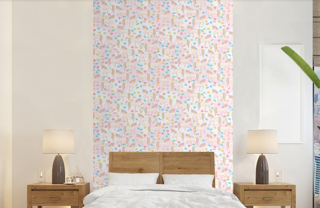MuchoWow Fototapete für Wohnzimmer oder Schlafzimmer Wandtapete Vinyl Motivtapete Einhorn - Bonbon - Regenbogen - 150x240 cm - Tapeten