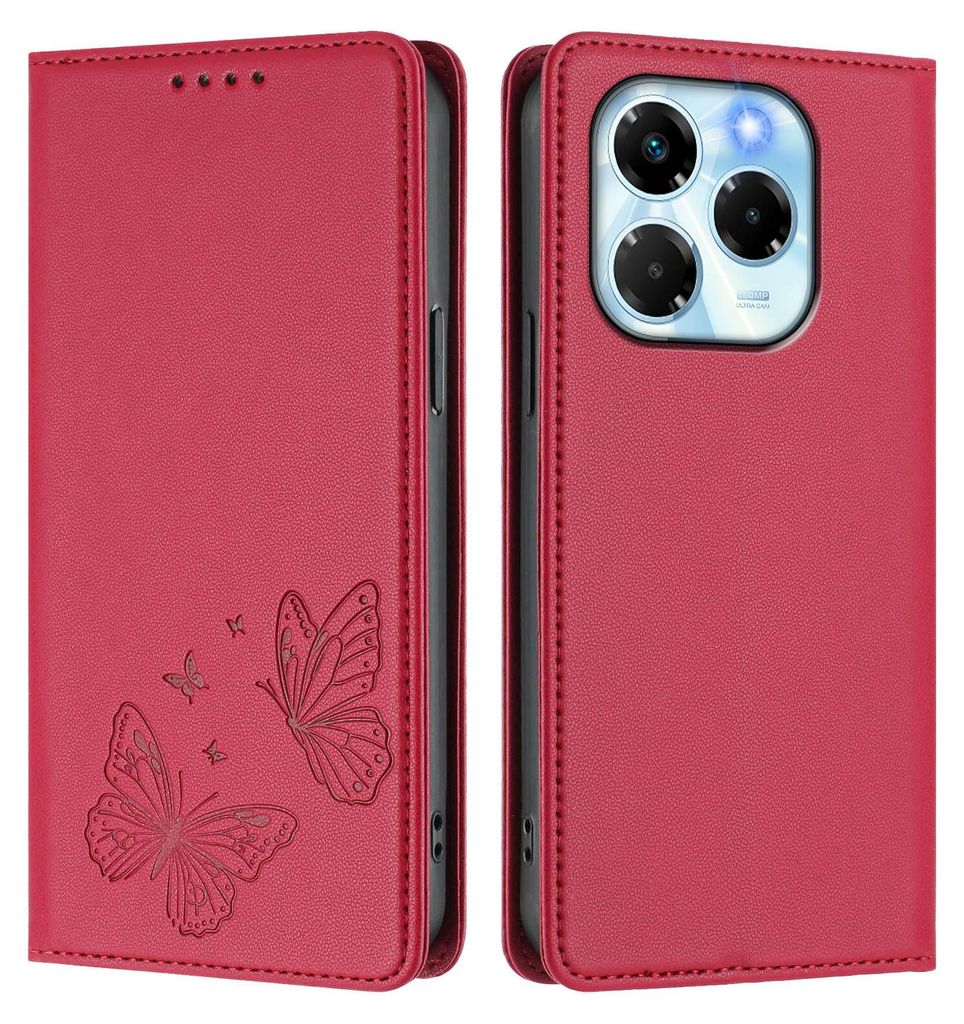 Lederhülle für Infinix Note 40X 5G, Schmetterling Prägung Leder Brieftasche Schutzhülle mit Ständer Rot