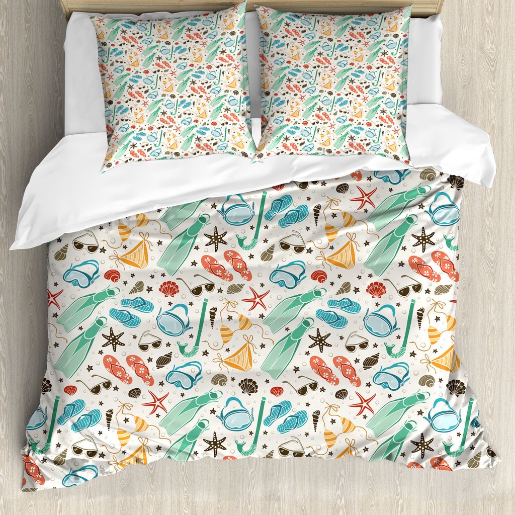 ABAKUHAUS Sommer Bettbezug Set für Einzelbetten, Strand Zubehör und Muscheln, Milbensicher Allergiker geeignet mit Kissenbezug, 200 cm x 200 cm -...