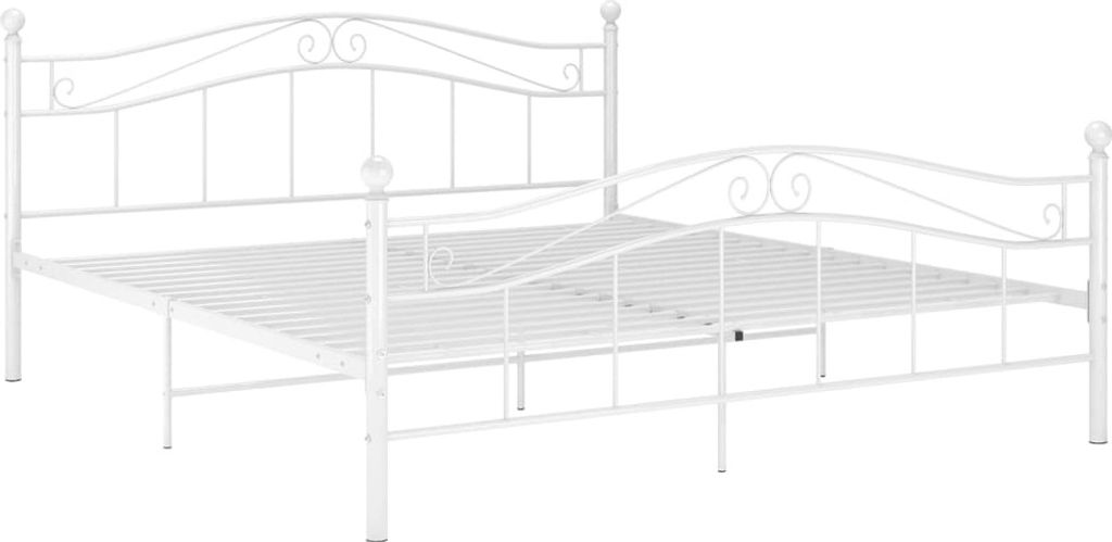 A white metal bed frame shown against a white background.