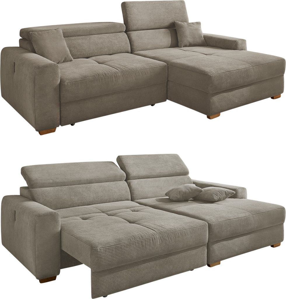 Ecksofa Auszug elektrisch USB-C Kopflehne verstellbar Couch Cord Braun Taupe / 15401