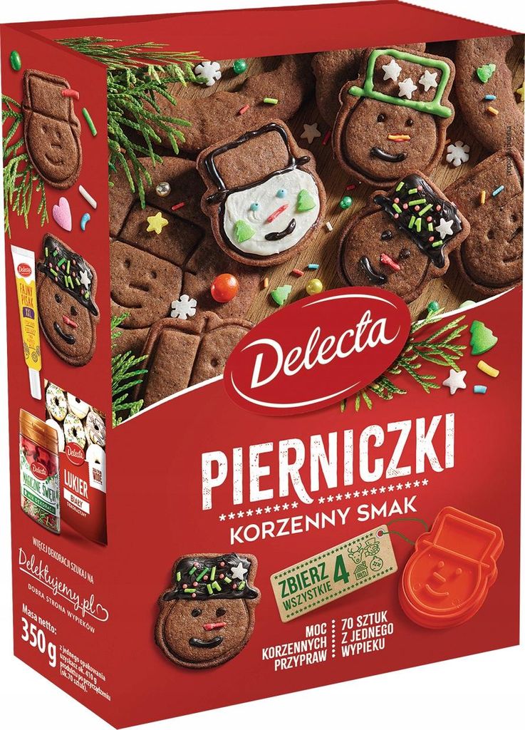 A box of Christmas gingerbread cookies with decorating supplies.