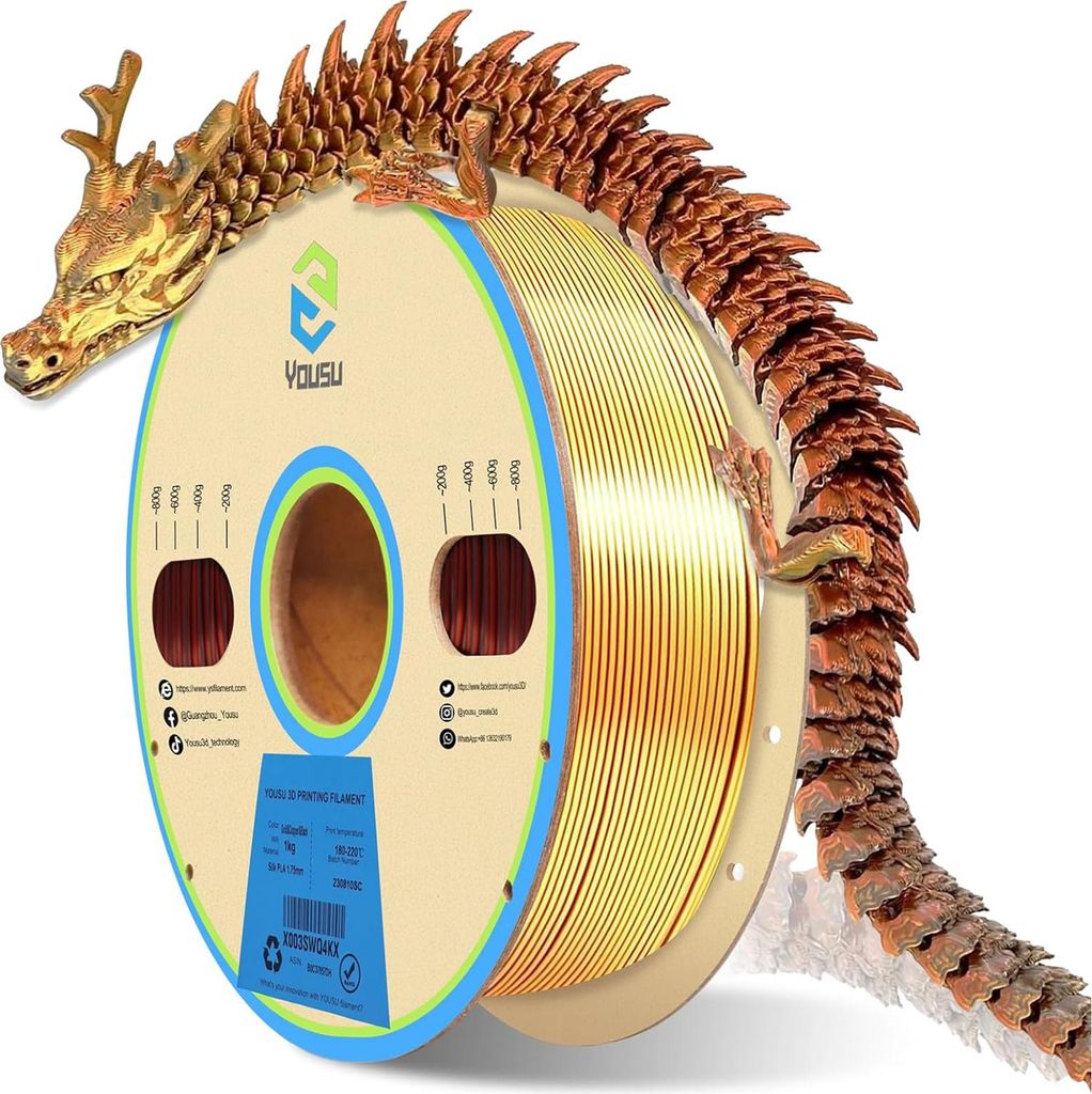 YOUSU Silk PLA Filament für 3D-Drucker, 1,75 mm, dreifarbiges Coextrusionsfilament, Genauigkeit +/- 0,03 mm, 3D-Druckmaterialspule, gute Haftung f...