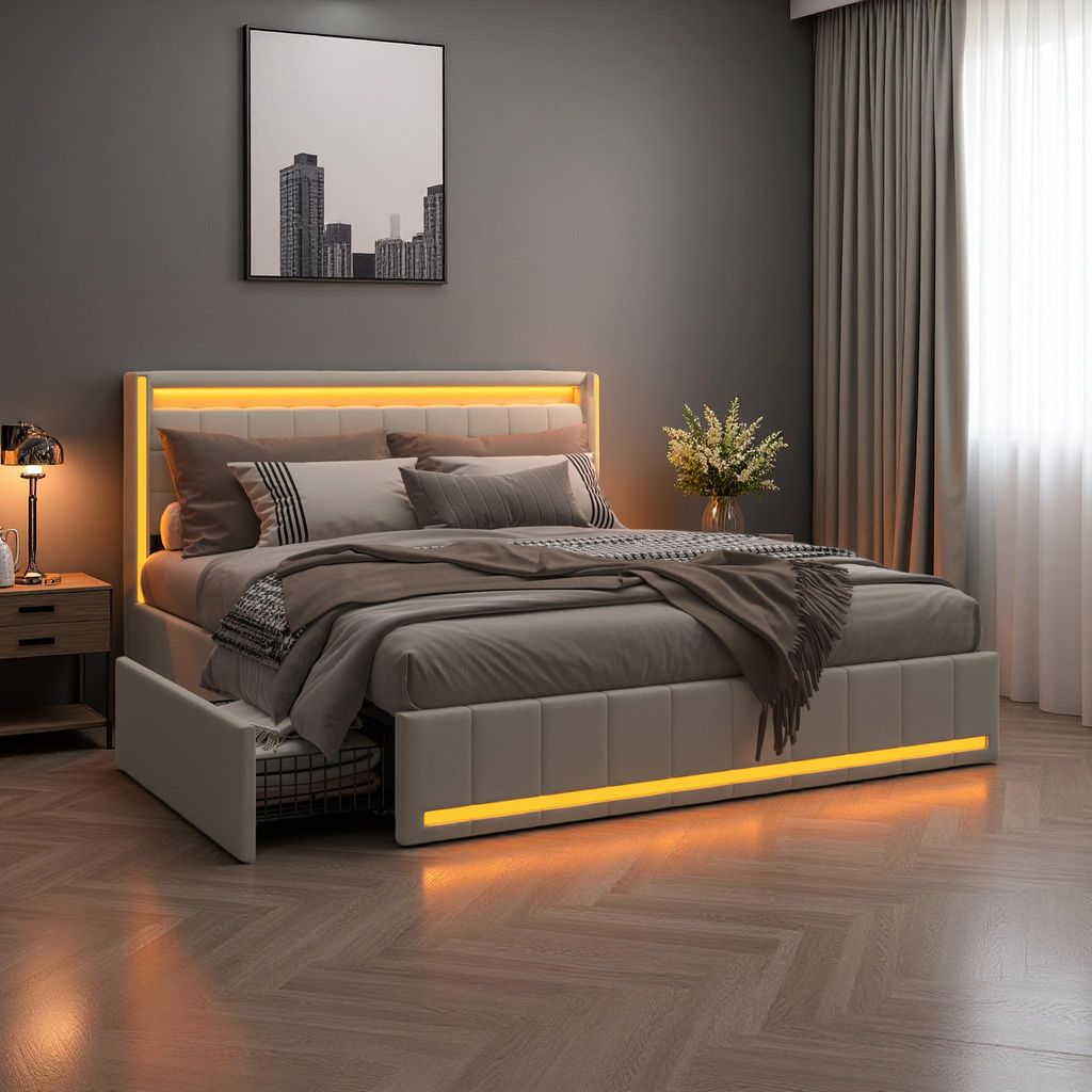 Lit double UnboxG 140 x 190 cm beige en tissu avec 4 Image du produit 