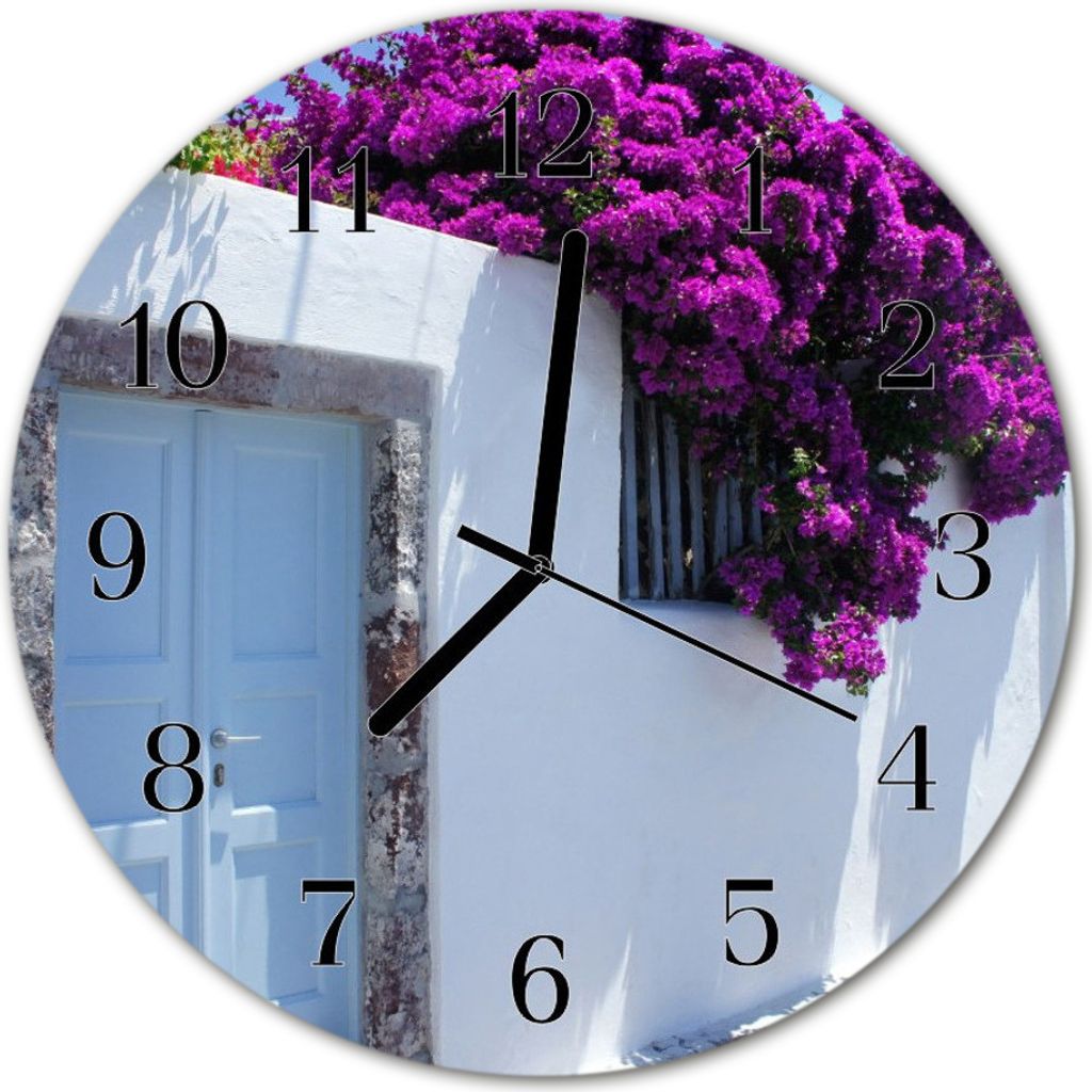 Glasuhr Wanduhr Küchenuhr Echt-Glas 30fi cm Haus Blumen violett