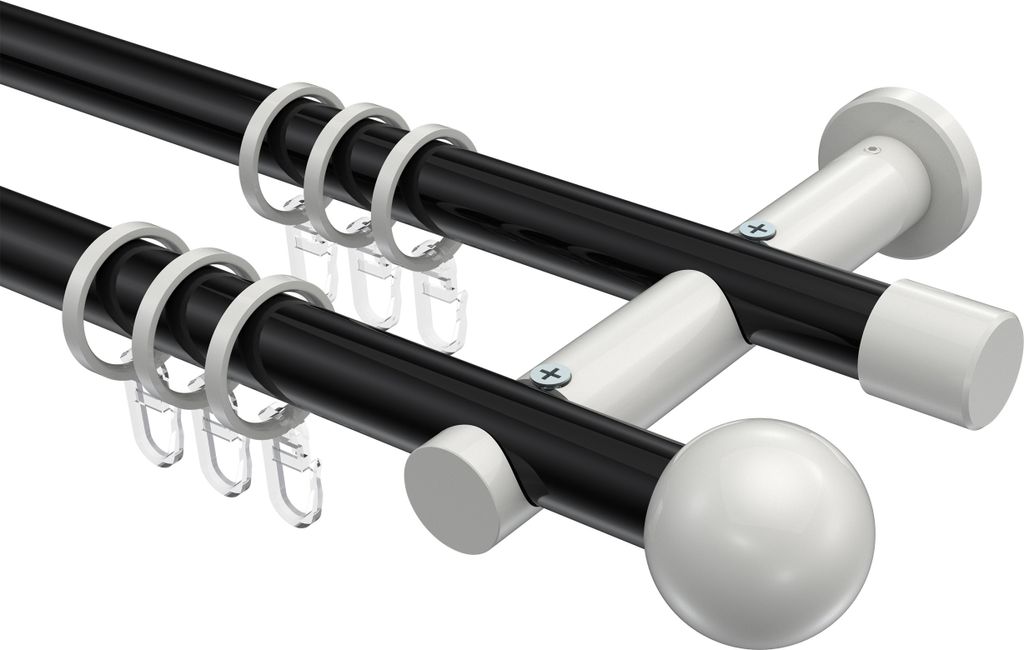 Interdeco Gardinenstange / Vorhangstange Schwarz / Weiß, Typ Platon Luino (Kugel), 20 mm Ø 2-läufig, 420 cm