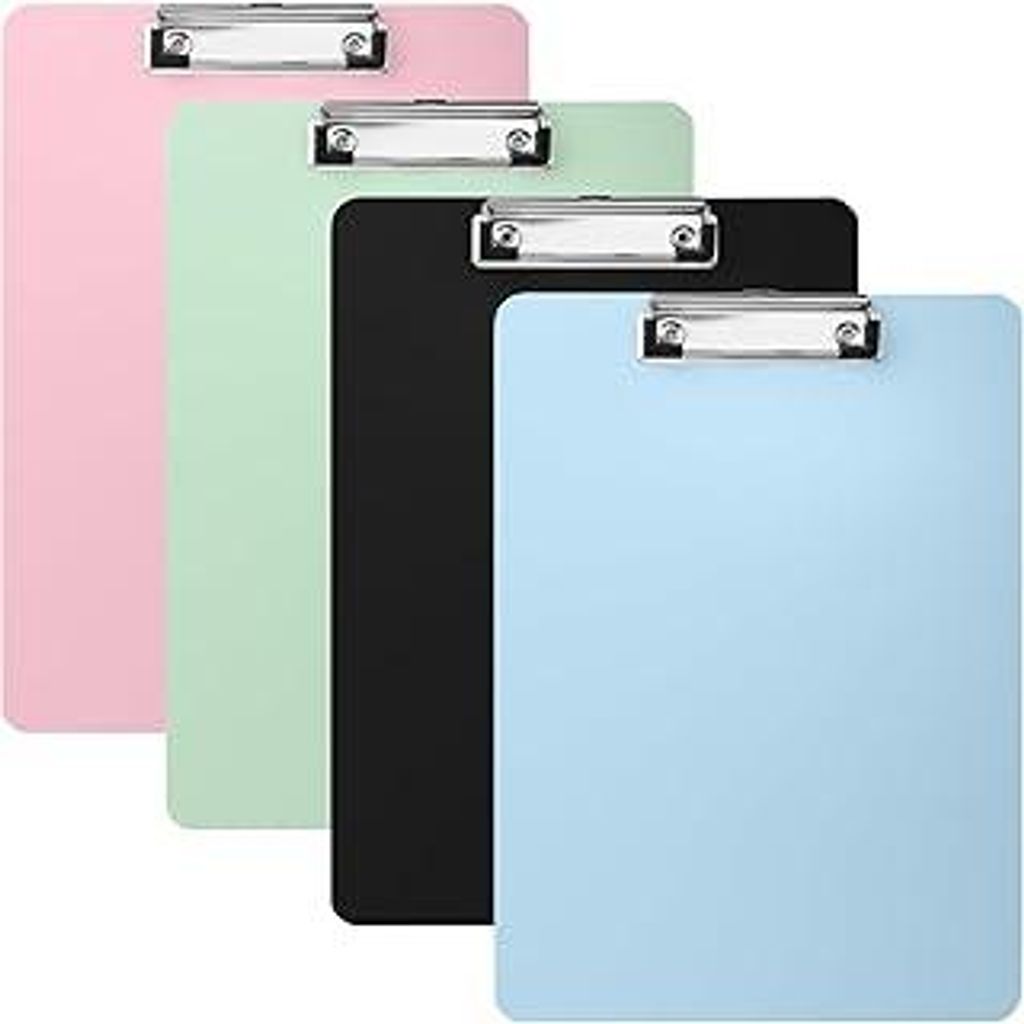Klemmbrett A4,4 Stück Klemmbretter mit Metallclip und Verstecktem Haken 4 Farben Clipboard Kunststoff A4 Klemmbretter für Papierkram,Zeichnungen,...