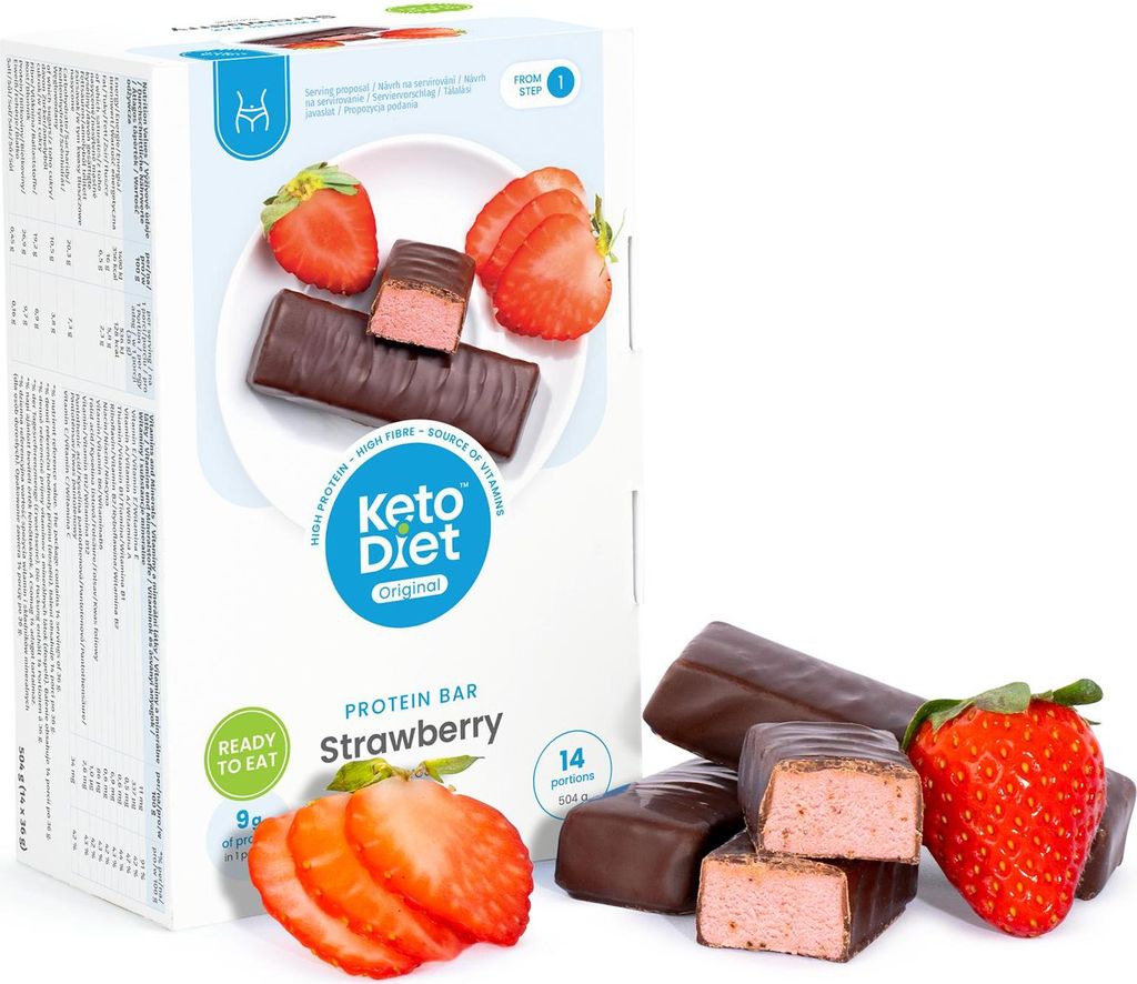 A box of strawberry-flavored keto protein bars with some bars and strawberries displayed next to it.