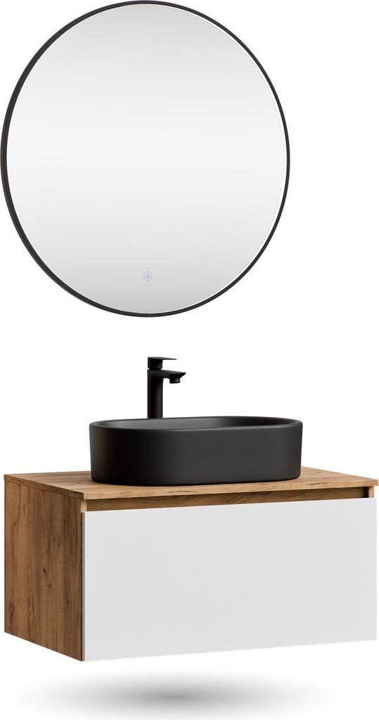 Planetmöbel ARISA Badmöbel Set Weiß – Mit Veluna LED Spiegel und schwarzem Keramik-Aufsatzwaschbecken 55 cm