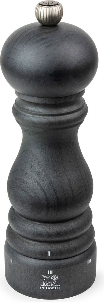 A black wooden pepper grinder with a silver top.