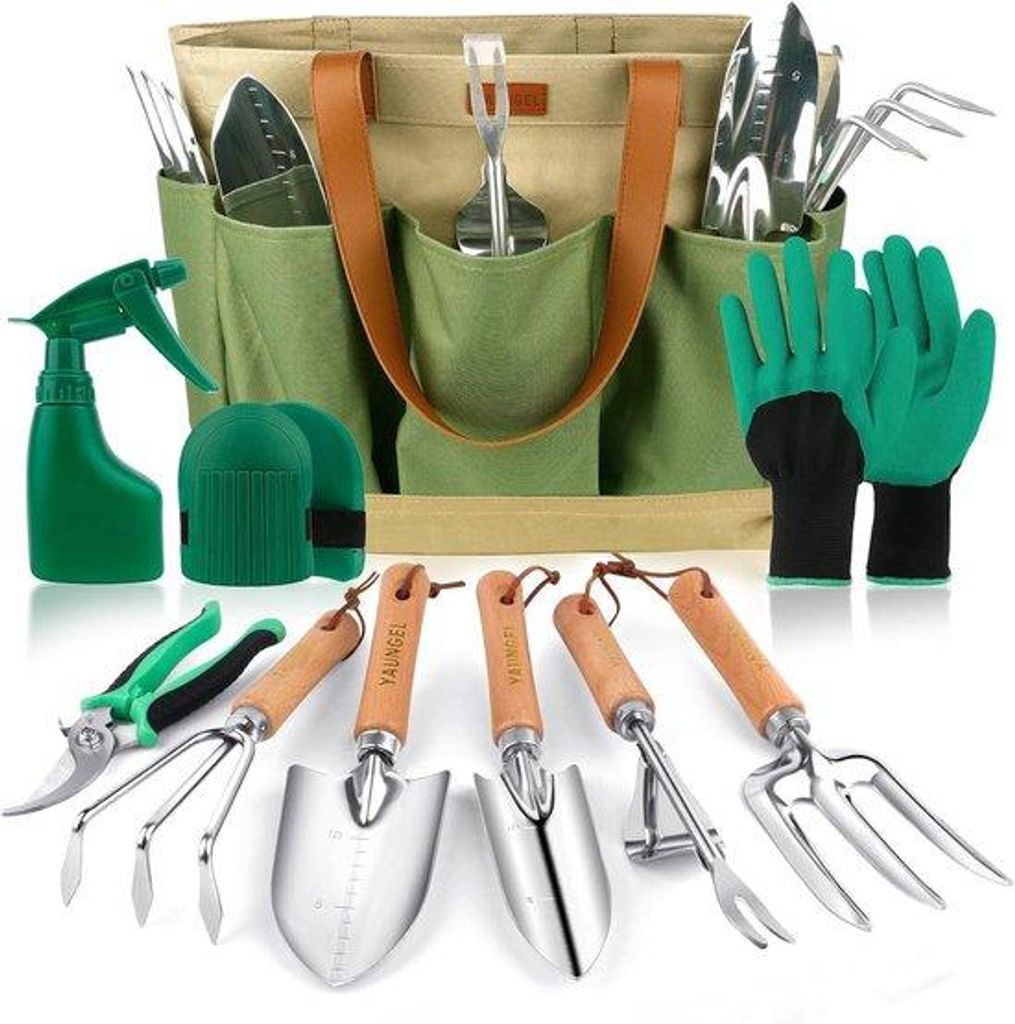 Gartenwerkzeugset, 10-teilig robustes Edelstahl-Gartenwerkzeug mit Anti-Slip-Holzgriff - Frauen- und Männer-Tuincadeau-Paket, grün