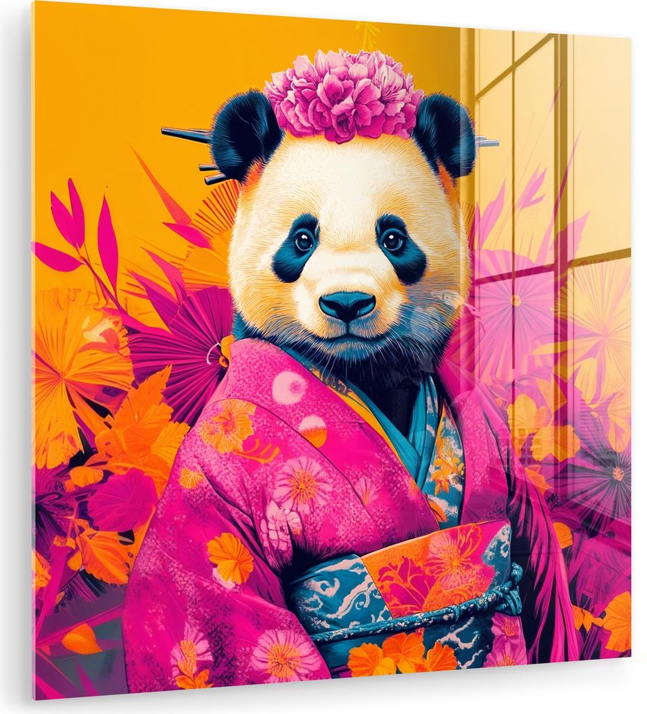 MuchoWow Glasbilder - Bilder auf Wandbild - Foto auf Glas Kimono - Rosa - Panda - Blumenkrone 90x90 cm Wanddekoration aus Glas - Acrylglasbild - Ac...