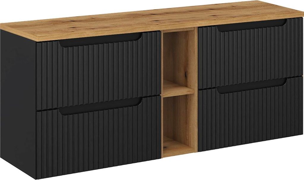Waschtischunterschrank 140.4cm Riva mit 4 Schubladen, Schwarz und Holzoptik