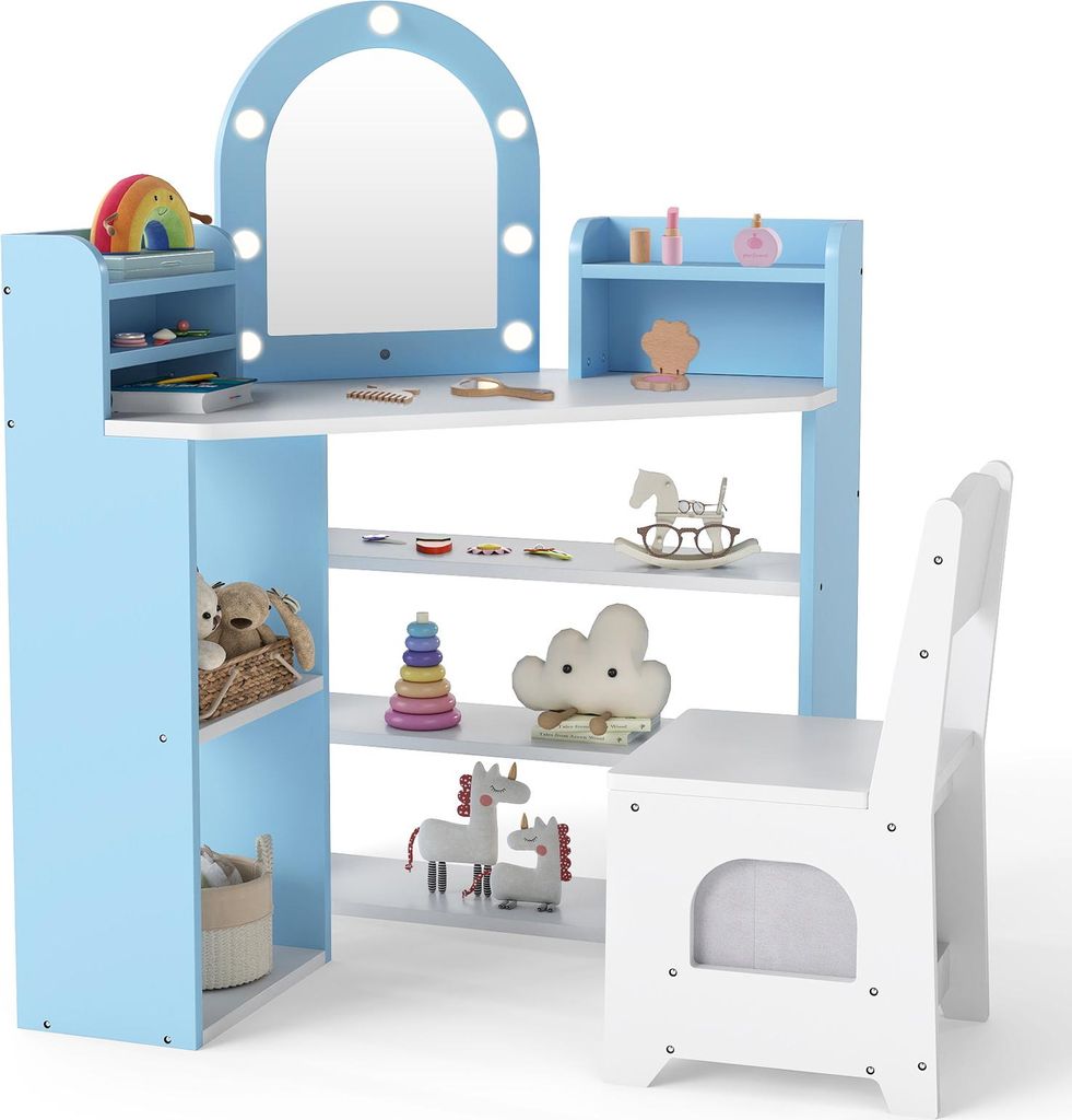 COSTWAY Eck Schminktisch Kinder, Frisiertisch mit 3 farbigen LED-Spiegel, 3 Ablagefächer & 5 offene Fächer, Eck-Kinderschminktisch Set ab 3 Jahren