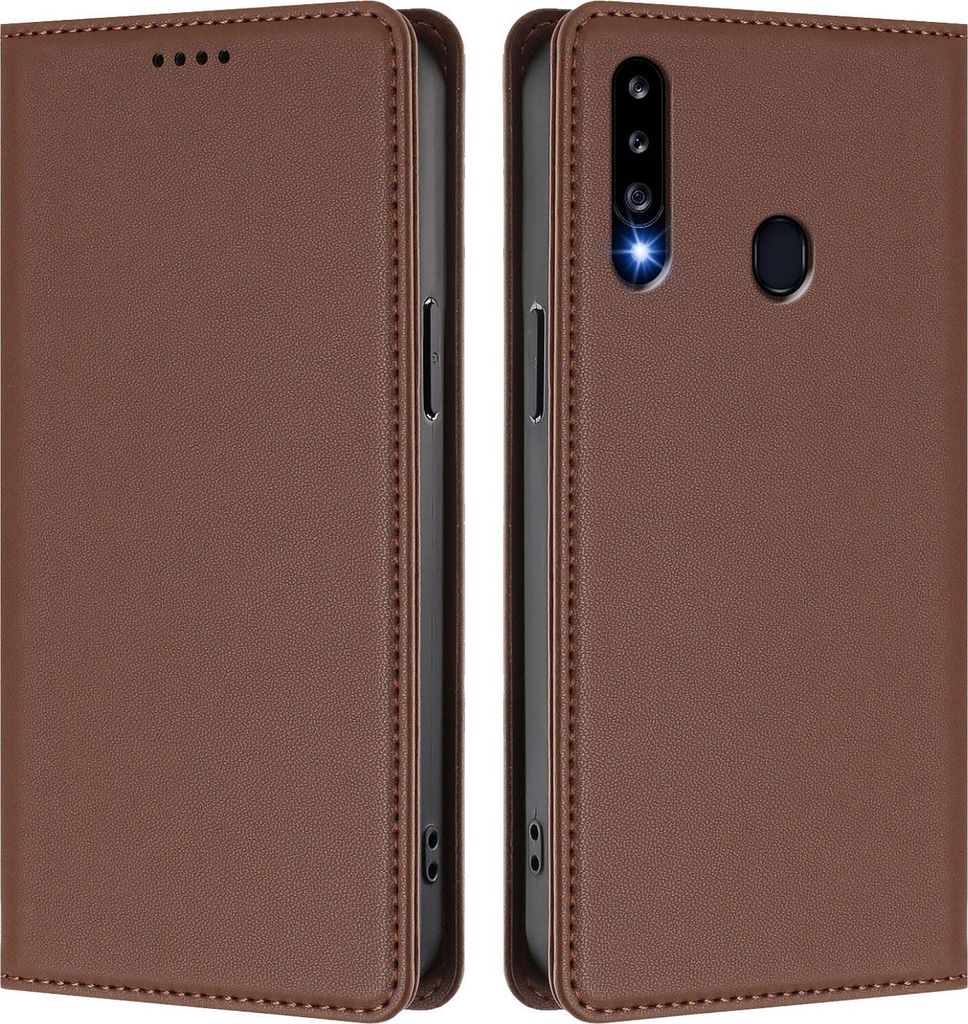 Handyhülle für Samsung Galaxy A20S, Kunstleder Klapphülle Stoßfeste Magnetische Hülle mit Ständer Braun