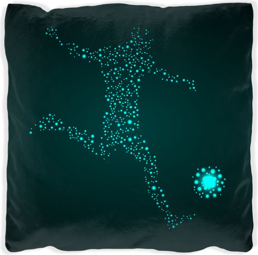 Wallario Premium Kissen, weiche Oberfläche, mit Motiv Fußball - ein Spieler aus tausend Sternen in türkis, Größe: 60 x 60 cm, mit weißer Rüc...