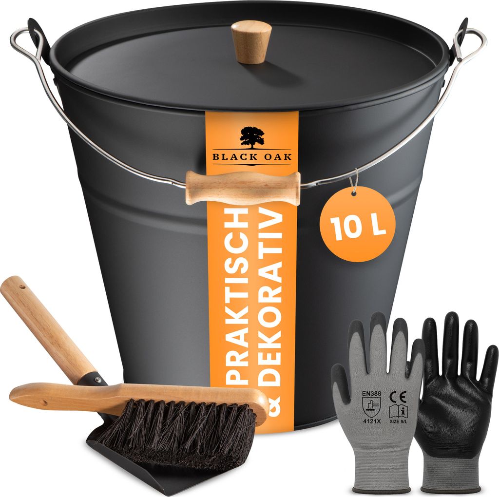 BLACK OAK Ascheeimer FUEGO 10L – Schwarz mit Deckel, Holzgriff, Feger, Schaufel & Handschuhen