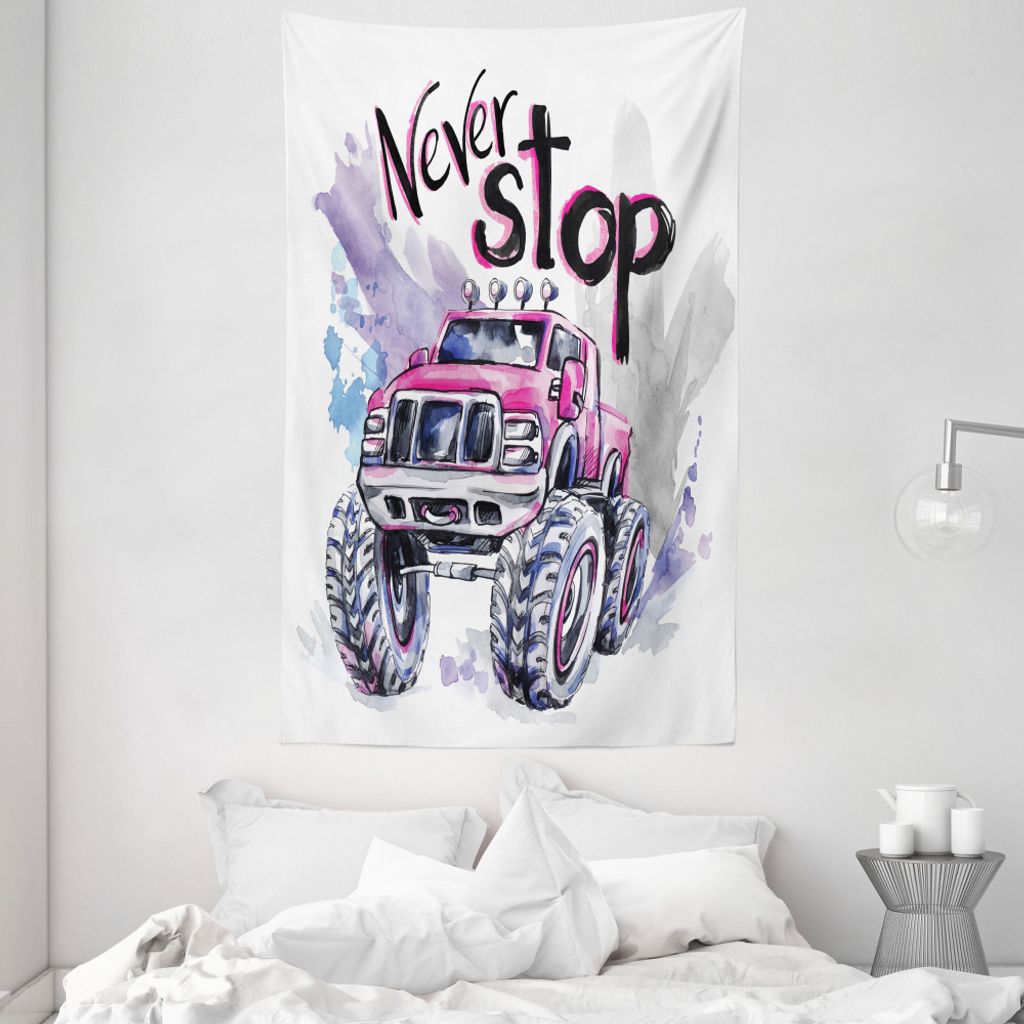 ABAKUHAUS Monster Truck Wandteppich und Tagesdecke, Never Stop Wörter aus Weiches Mikrofaser Stoff Waschbar ohne Verblassen Digitaldruck, 140 x 23...