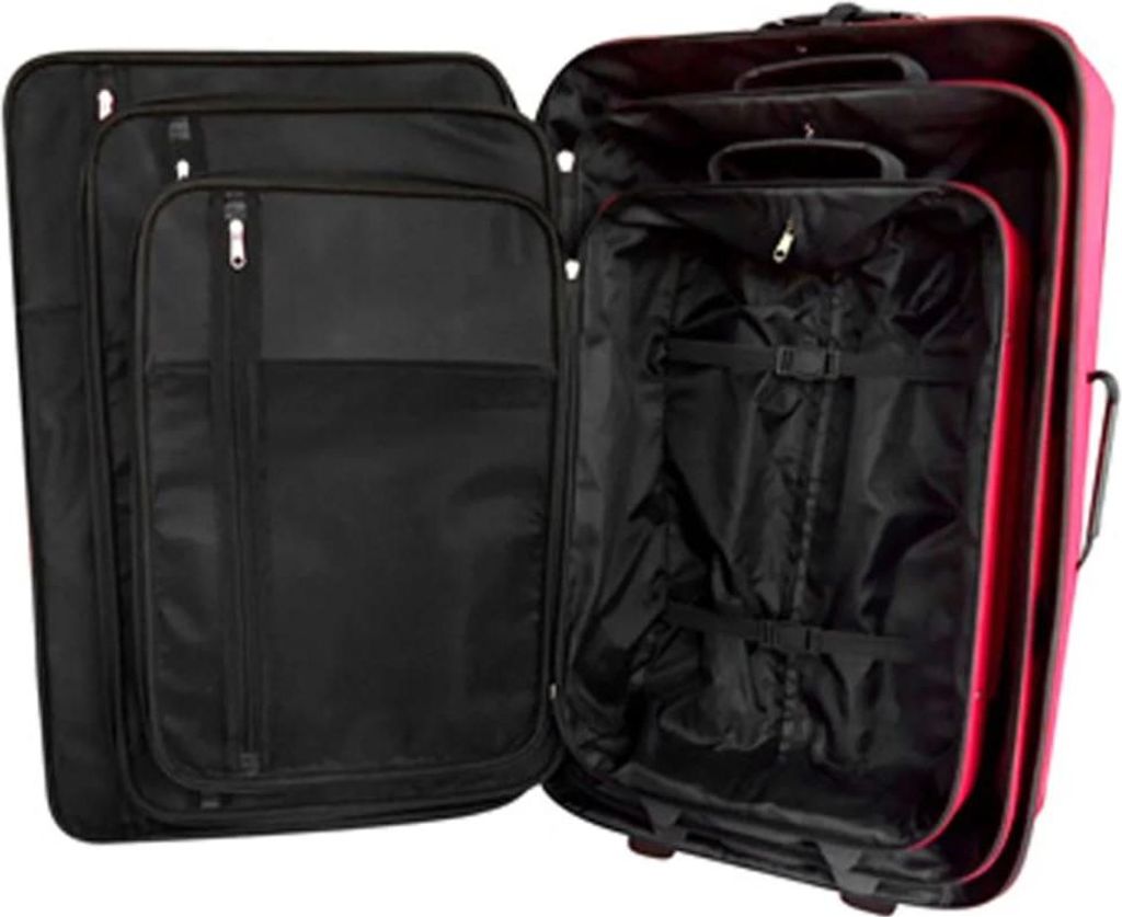 An open set of luggage, showing the interior of two suitcases.