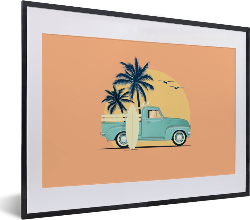 MuchoWow MuchoWow Gerahmtes Poster Bus - Vogel - Palme - Surfbrett 40x30 cm - Poster mit zchwarzem Bilderrahmen - Bilderrahmen - Poster im Rahmen