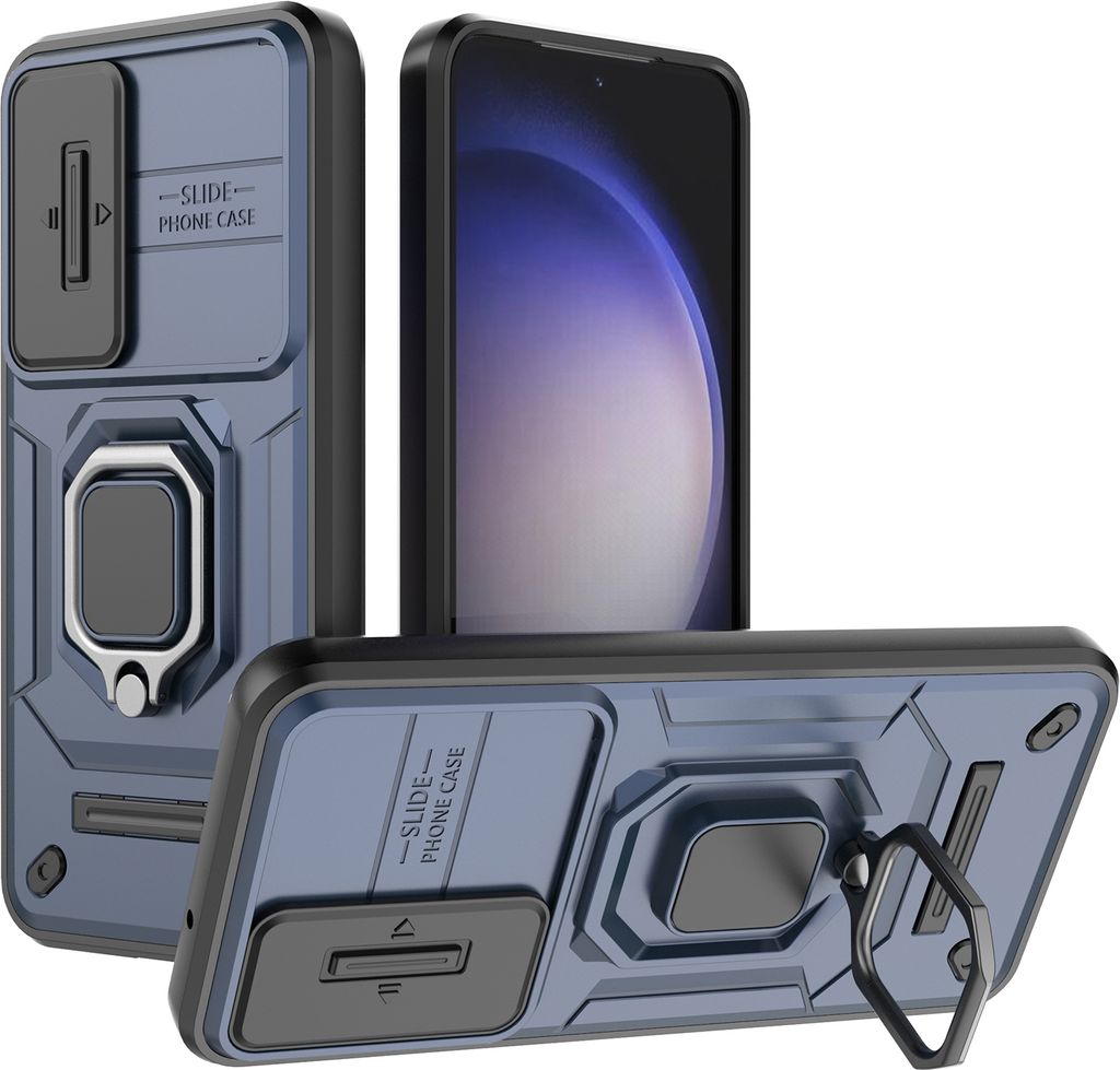 Hülle für Samsung Galaxy S23 Dual Layer Handyhülle Schiebe Kamera Schutz und Ringhalter Ständer Blau