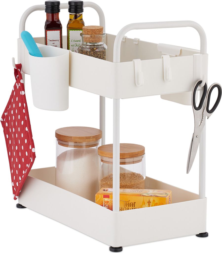 Relaxdays Unter Waschbecken Regal, 2 Etagen, 6 Haken & 2 Becher, höhenverstellbar, Putzmittel Organizer für Küche, weiß
