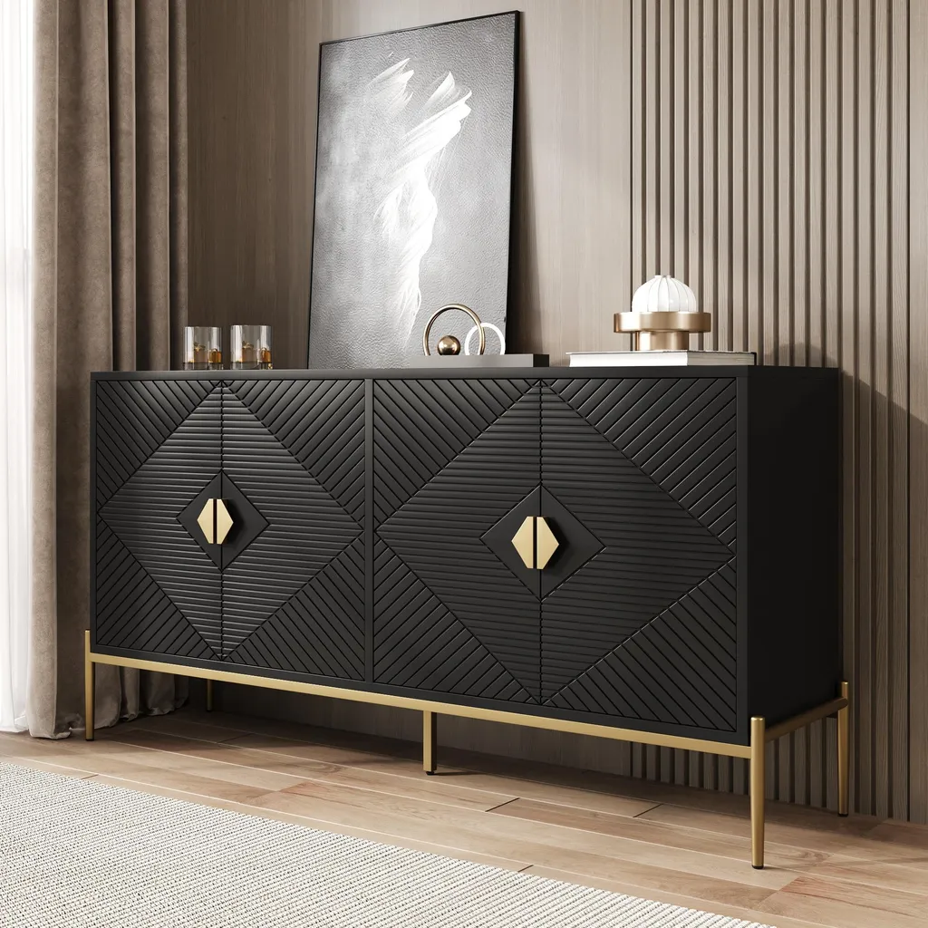 Merax Sideboard 4 Portes - Commode Noir et Pieds Dorés pour Salon