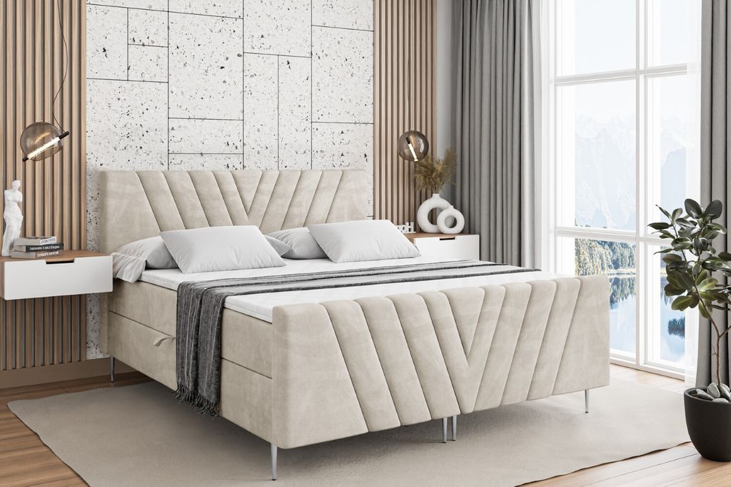 ALTDECOR Boxspringbett mit Silber Füßen, Matratze und Lattenrost, Topper, Fußteil, Polsterbett mit Bettkasten, Bett mit Stauraum H3-Matratze, Do...
