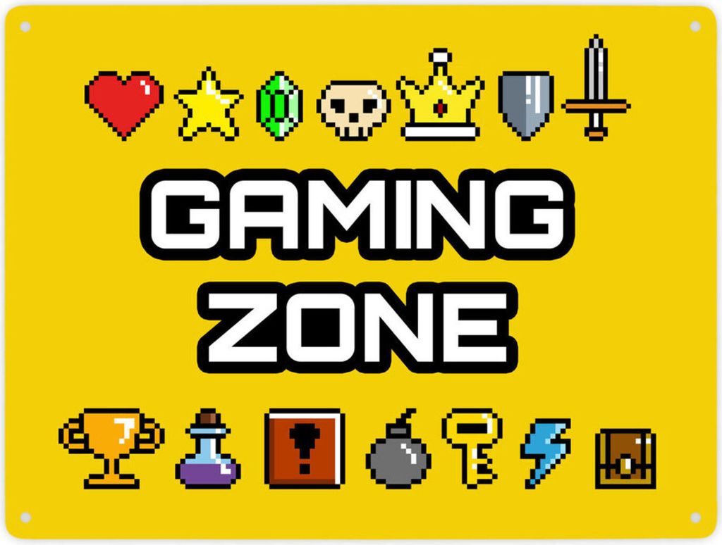 Gaming Zone Metallschild XXL in 28x38 cm mit Pixel-Items für Zocker in gelb
