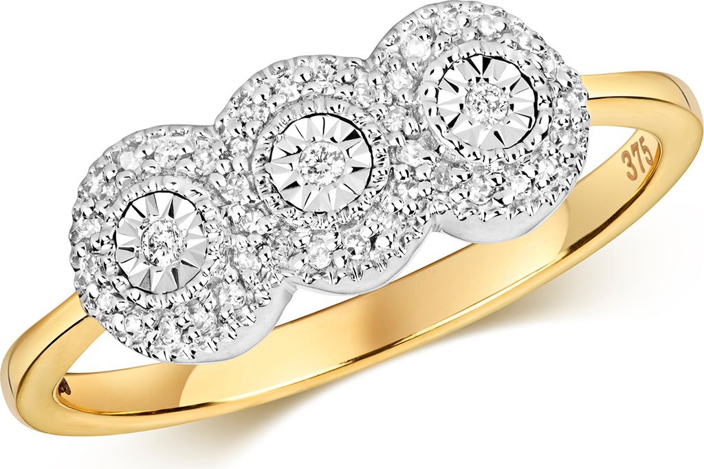 Funkelndes Feuer 9 Karat (375) Gold Trilogie Diamant Damenring Brillant-Schliff 0.06 Karat H - I1 I2, 51 (16.2); TRS319859KYRSL