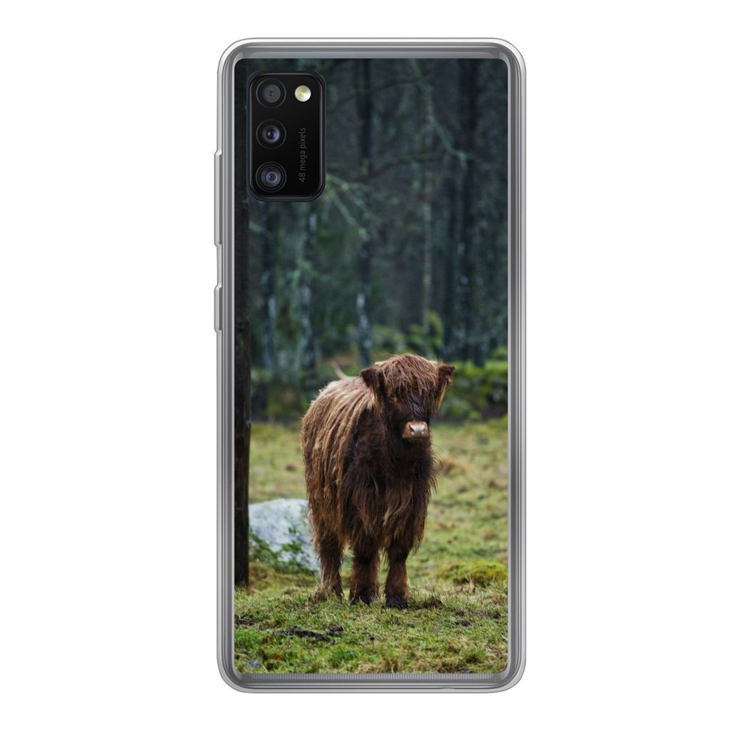 MuchoWow Handyhülle Schutzhülle Hülle für Samsung Galaxy A41 Schottischer Hochländer - Wald - Moos Silikon Softcase Handy Hülle - Mobiltelefon
