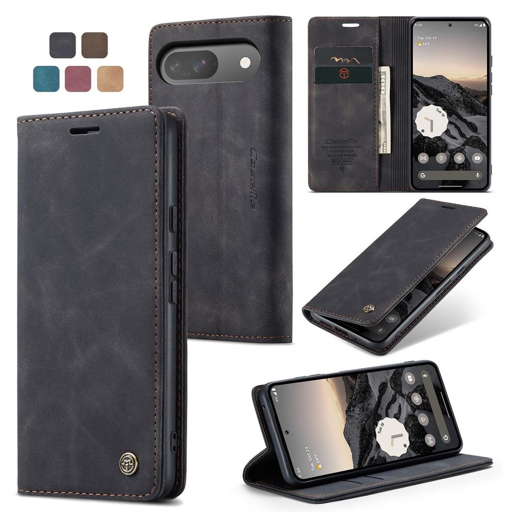 A collage of images showing a black leather flip case for a Google Pixel phone, with multiple views and color swatches.