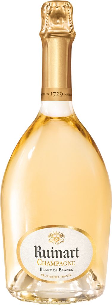 A bottle of Ruinart Champagner Blanc de Blancs.