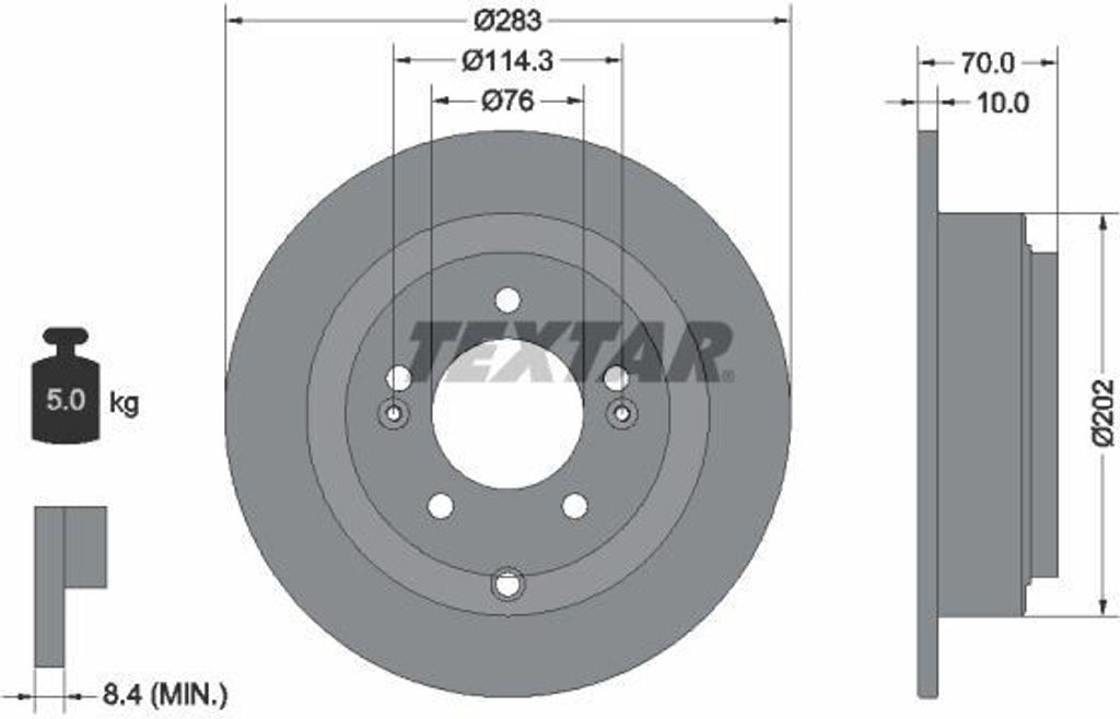 2x TEXTAR Bremsscheibe 92244403 für KIA OPIRUS (GH) 70mm 5kg 283mm