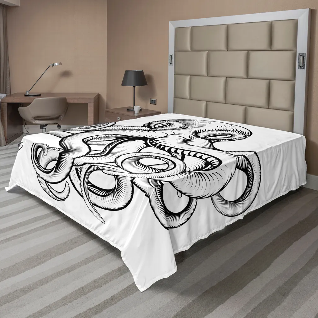 ABAKUHAUS Lenzuolo con illustrazione di un polipo in uno stile dinamico woodblock monocromatico, lenzuolo morbido e confortevole per un letto decorativo 1 pezzo 260 cm x 228 cm, marrone bianco