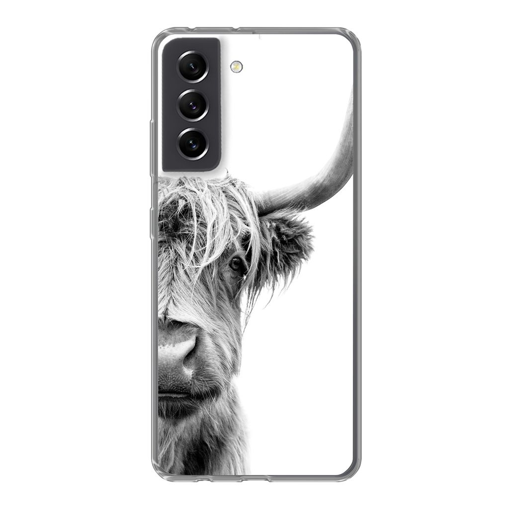 MuchoWow Handyhülle Schutzhülle Hülle für Samsung Galaxy S21 FE Schottischer Highlander - Tiere - Schwarz - Weiß Silikon Softcase Handy Hül...