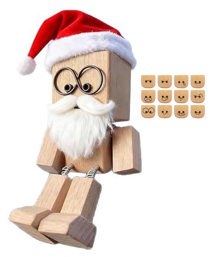 1 Set Weihnachtsmann-Figur aus Holz mit wackelnden Beinen und 12 magnetischen Gesichtsausdrücken, handgefertigt, lustig, für Auto-Armaturenbrett,...