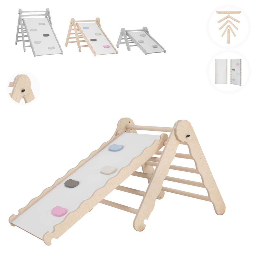 MAMOI Klettergerüst indoor, Kletterdreieck mit rutsche aus holz, Baby kinder klettern, Kletterturm mit rutschbrett, Kletterbogen mit kinderrutsc...
