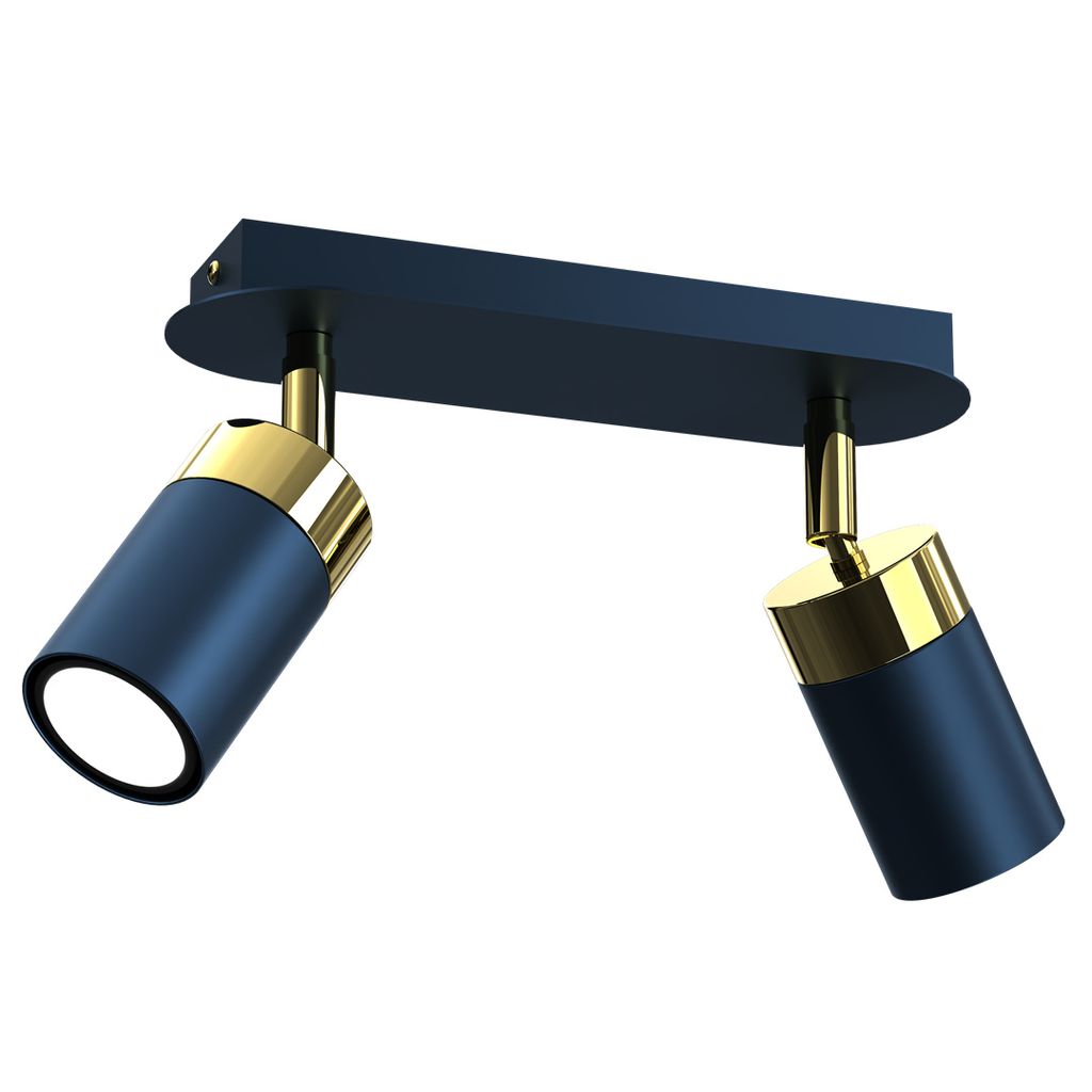 A dark blue and gold ceiling light with two adjustable spotlights against a white background.
