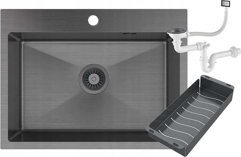 Granitan | Stahlspüle - Spülbecken 1-Kammer - 59,8x49,8 cm - Rechteckig - Schwarz - mit Siphon - mit Zubehörset - Bari