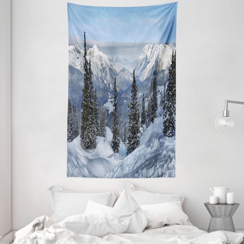 ABAKUHAUS Winter Wandteppich und Tagesdecke, Woodland schneebedeckten Berg aus Weiches Mikrofaser Stoff Waschbar ohne Verblassen Digitaldruck, 140 ...
