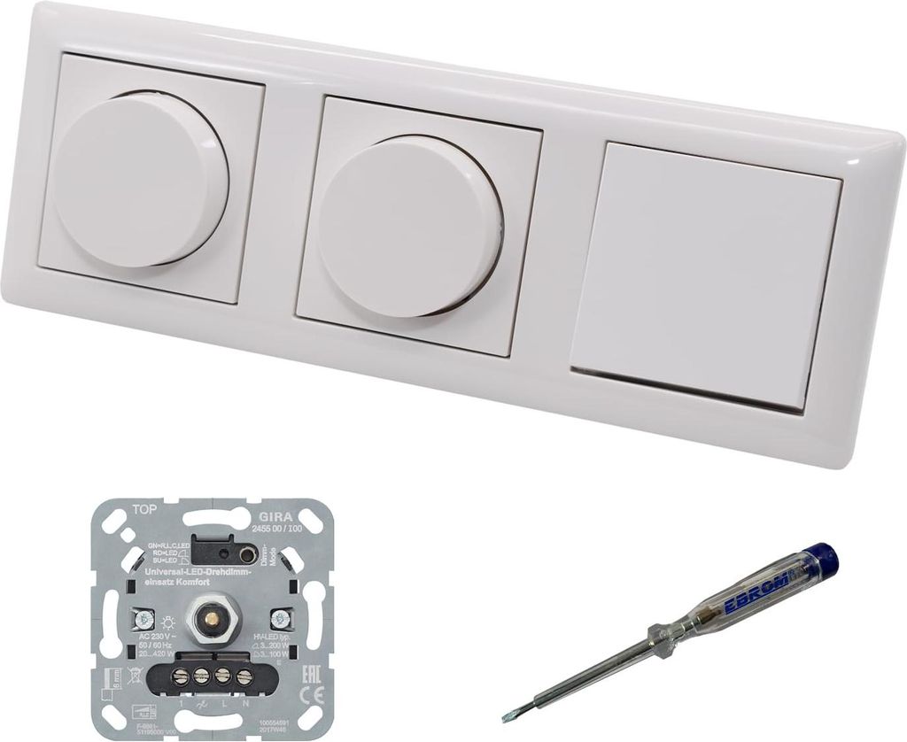 GIRA 245500 (2 x) LED Drehdimmer Dimmer + Dimmerscheiben Zentralscheiben 065003 und Lichttaster 015100 in System55 reinweiß glänzend inklusive EB...