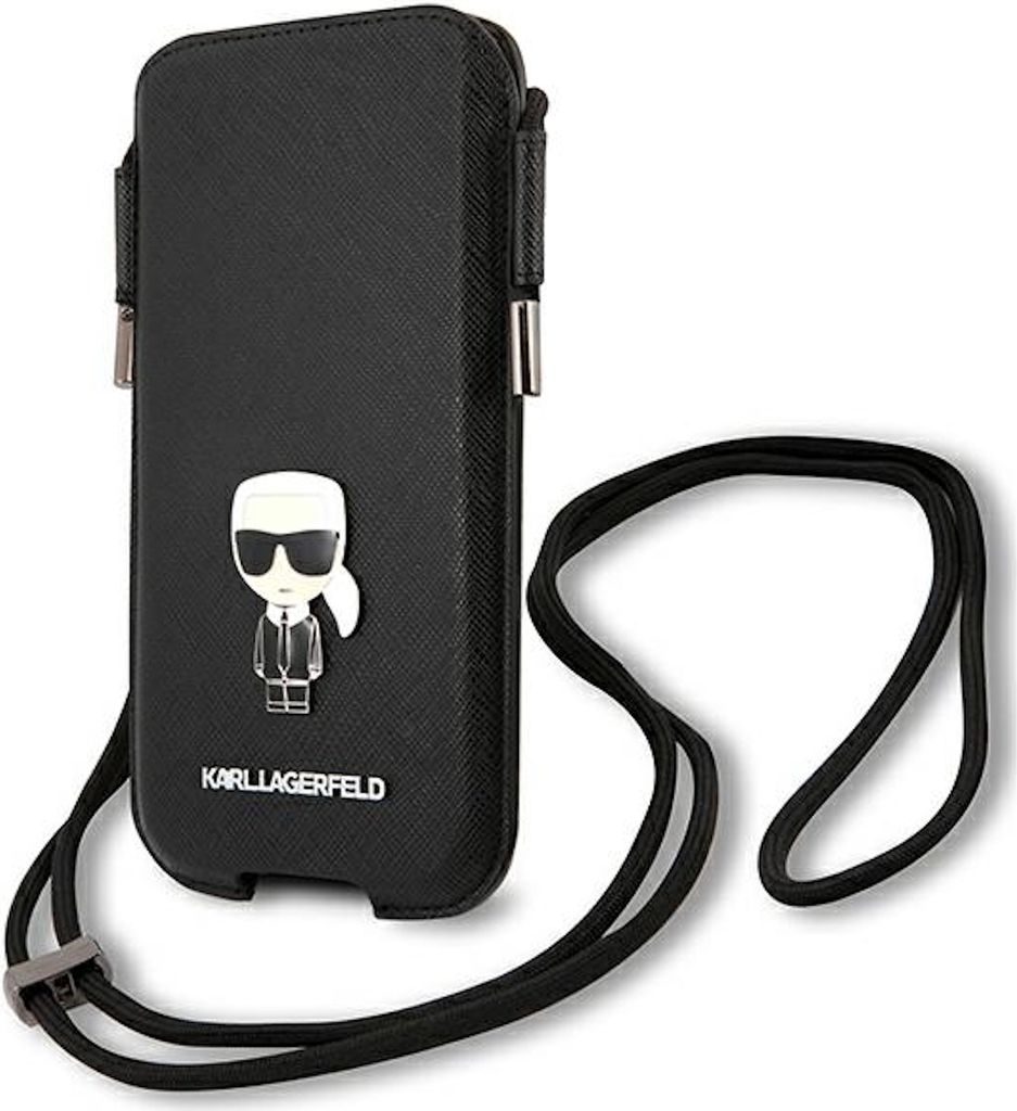 A black phone case with a Karl Lagerfeld character design and a lanyard.